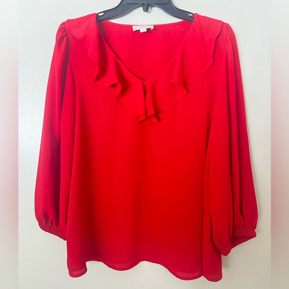 LOFT Red Blouse with Ruffled Neckline